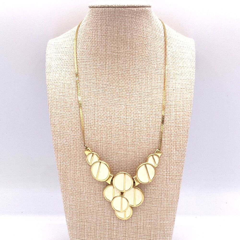 Vintage Monet Gold Tone Circle Enamel Disc Statement Necklace Mid Century 16"